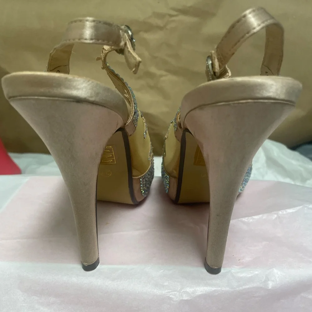 LADY COUTURE DREAM embellished platform peep toe sling back heels mesh size 37